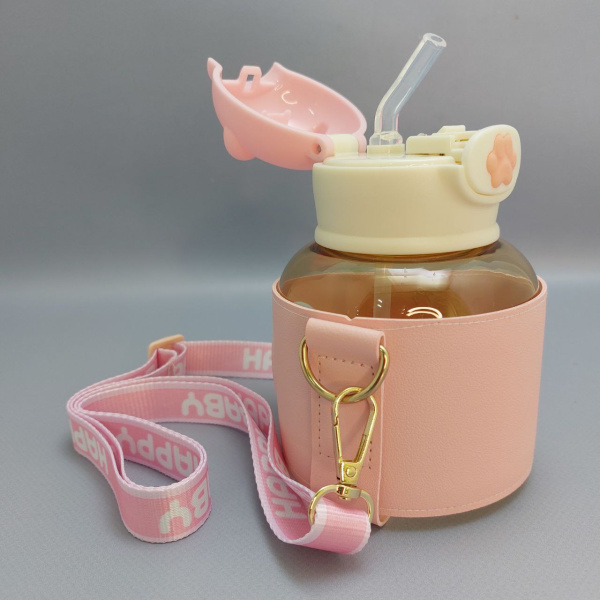 Бутылка детская пластиковая, с клапаном, с чехлом на ремне, цвет РОЗОВЫЙ 550мл.